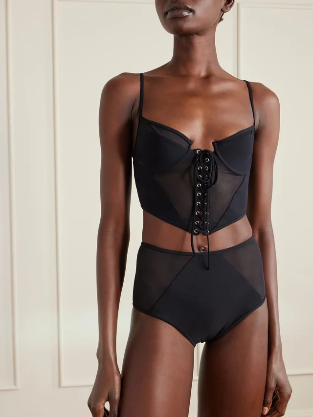 KIKI DE MONTPARNASSE Peep tulle-trimmed corset bikini top in Black, photo 2 of 2 from NET-A-PORTER (Canada)