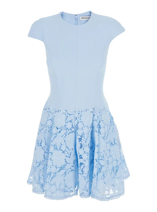 SELF-PORTRAIT Light blue mini dress with lace embroidery on the skirt in tech fabric for women, photo 2 of 6 from Gaudenzi Boutique