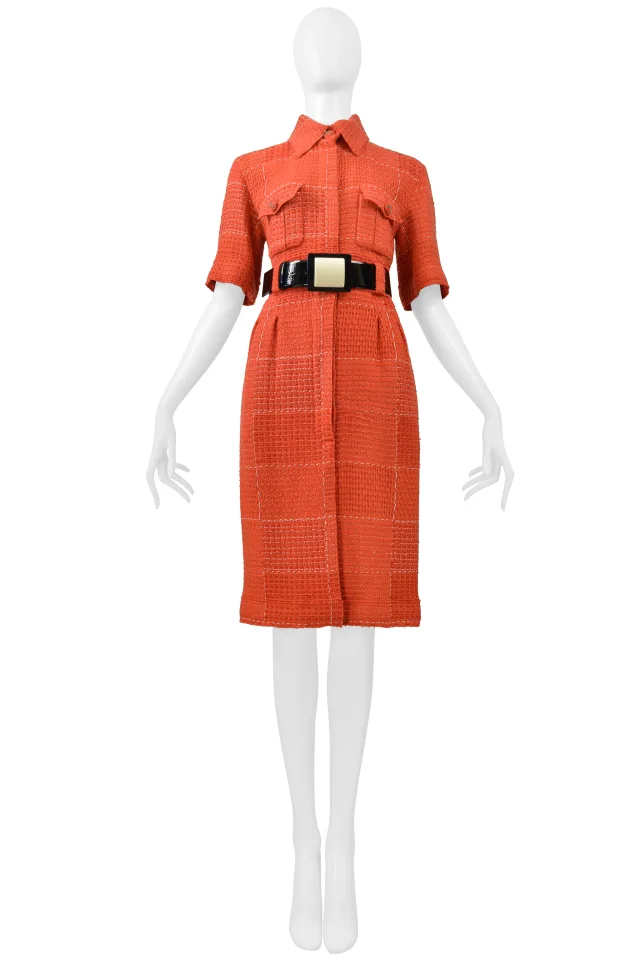 Chanel By Karl Lagerfeld Red Tweed Day Dress With Fancy Belt 2007 in Red Tweed from Resurrection Vintage, photo 3 of 10