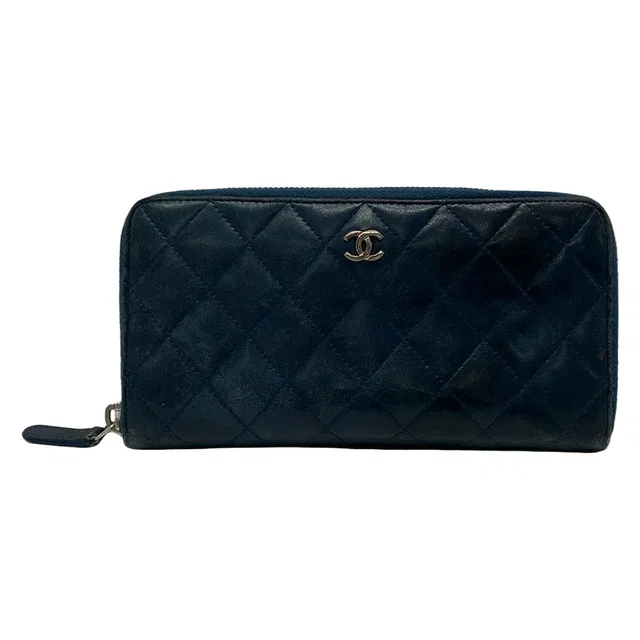 Chanel Wallet Quilted Dark Navy Zip Around Lambskin in Navy Lambskin from The Reluxe
