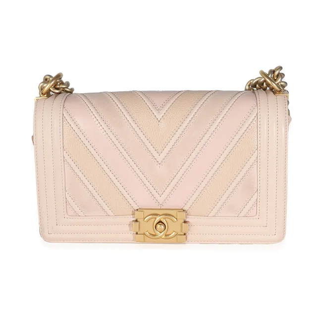 Chanel Beige Caviar Suede Calfskin Chevron Medium Boy Handbag Beige; Pink Leather in Beige Caviar leather from HEWI