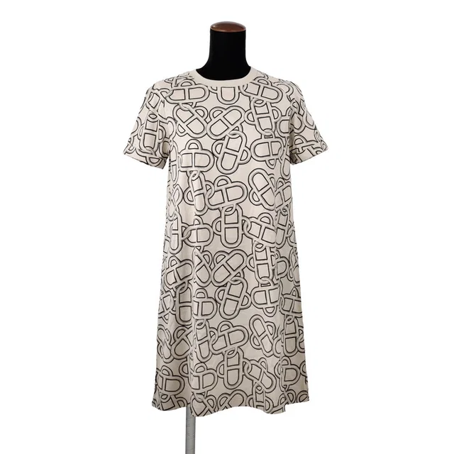 Hermès Flare dress by Maillon Equestre Size 36 Beige/Black6H4522DG Cotton in Beige from GALLERY RARE