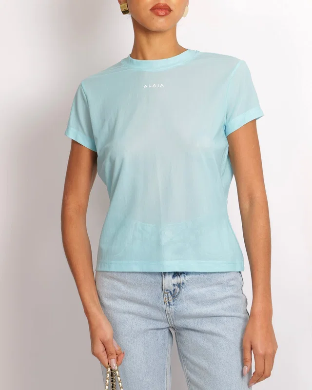 Alaïa Light Blue Mesh Short-Sleeved Top with White Logo Detail Size FR 40 (UK 12) in White from Sellier