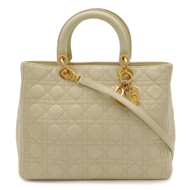 Lady Dior Cannage Handle 2-Way Shoulder Bag Leather Cream Gold in White Leather from The Reluxe