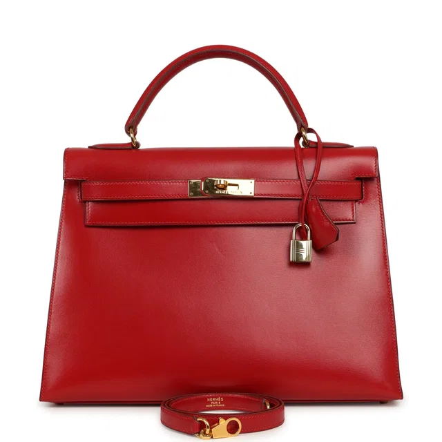 Hermès Vintage Kelly Sellier 32 Rouge Vif Box Gold Hardware in Red Calfskin from Madison Avenue Couture