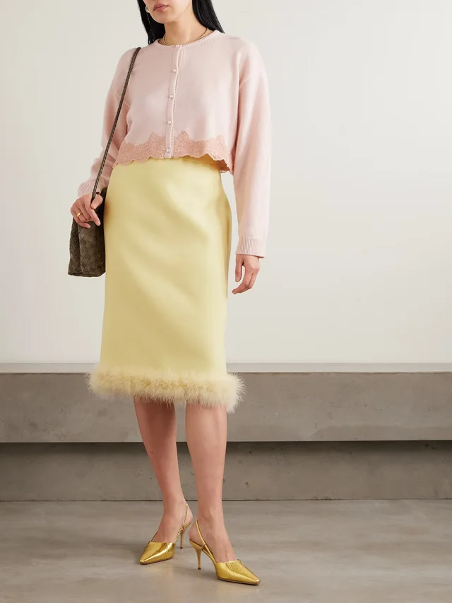 VALENTINO GARAVANI Feather-trimmed wool and silk-blend crepe midi skirt in Yellow, photo 2 of 2 from NET-A-PORTER (Canada)