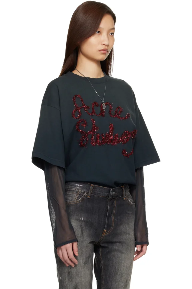 Acne Studios Gray Layered Logo T-shirt, photo 2 of 5 from SSENSE
