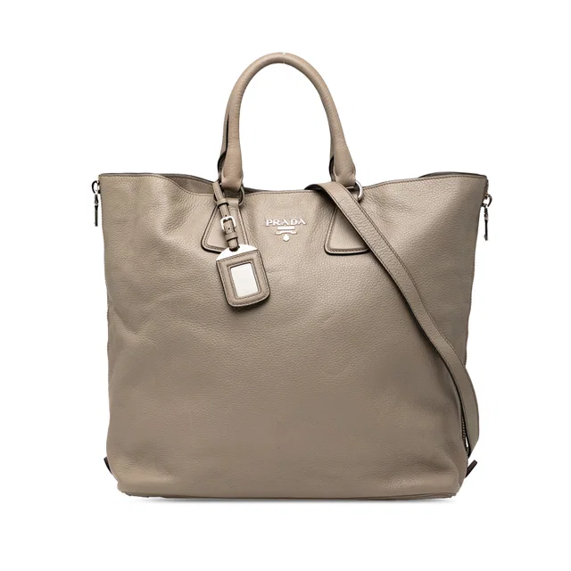 Brown Prada Vitello Daino Side Zip Convertible Tote Satchel in Brown Leather from Designer Revival