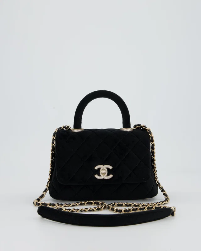 Chanel Mini Coco Top Handle In Black Velvet with Crystal-Encrusted Hardware in Black Velvet from Sellier