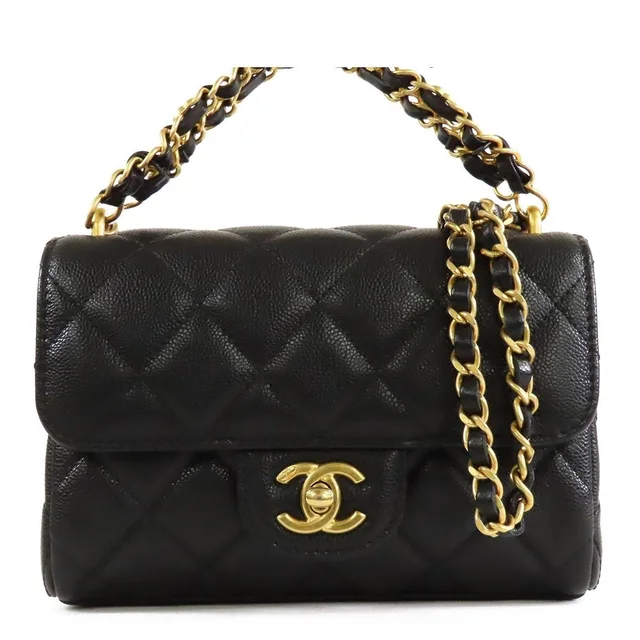 Chanel Flap Black Gold Caviar Leather 2-Way Shoulder Bag in Black Caviar leather from The Reluxe