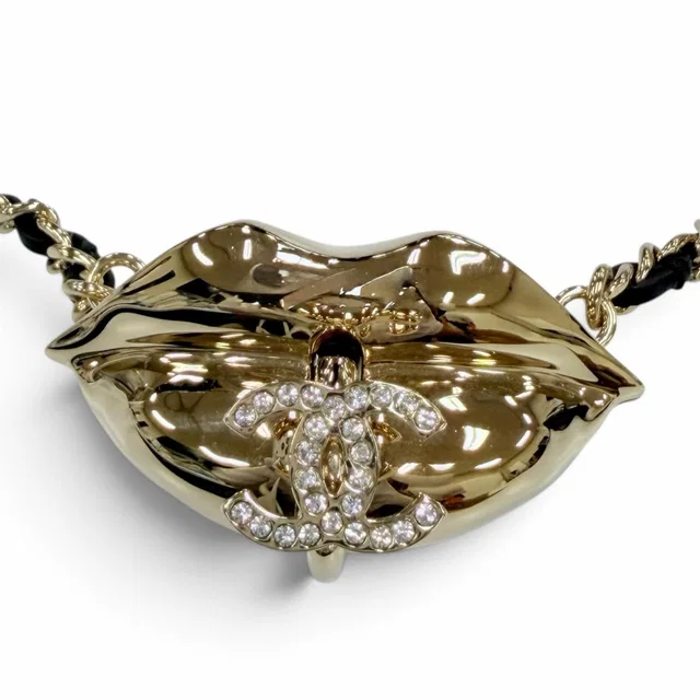 Chanel CC Logo Lip Motif Rhinestone Mirror Chain Necklace Gold Black in Black from The Reluxe