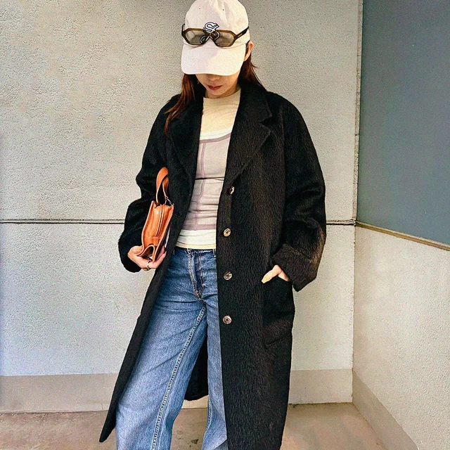Ferragamo Alpaca Logo Button Shaggy Chester Coat #46 Black in Black Wool from VINTAGE QOO TOKYO