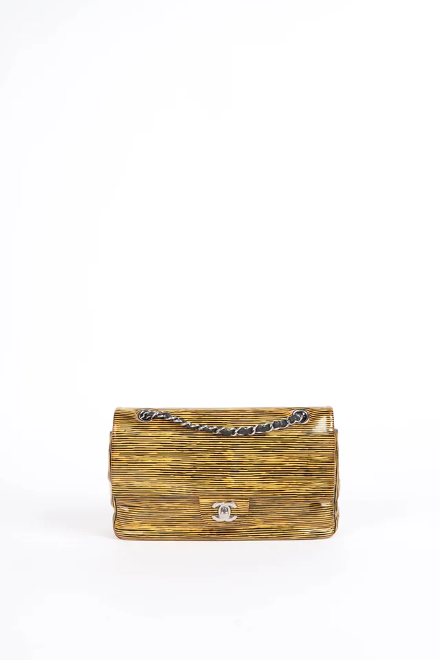 2010s Chanel Striped Patent Leather Medium Double Flap Shoulder Bag from Break Archive