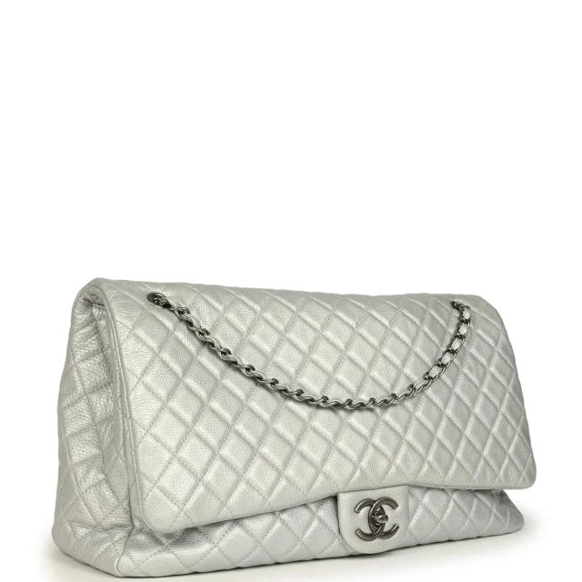 Chanel XXL Classic Single Flap Bag Silver Metallic Calfskin Aged Ruthenium Hardware in Silver Calfskin from Madison Avenue Couture, photo 2 of 3