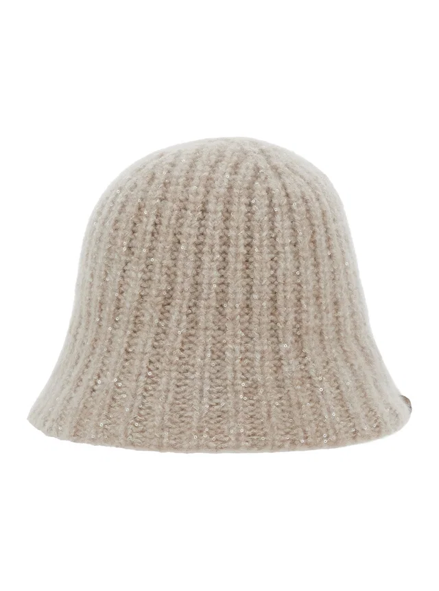 Brunello Cucinelli Mcap9a038 Knitted Diamond Yarn Beanie — Beige Cashmere Blend Beanies in Beige Cashmere from HEWI