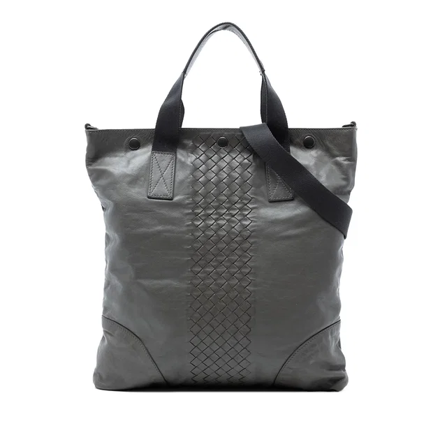 Gray Bottega Veneta Intrecciato Trimmed Nappa Convertible Tote Satchel in Grey Nappa leather from Designer Revival