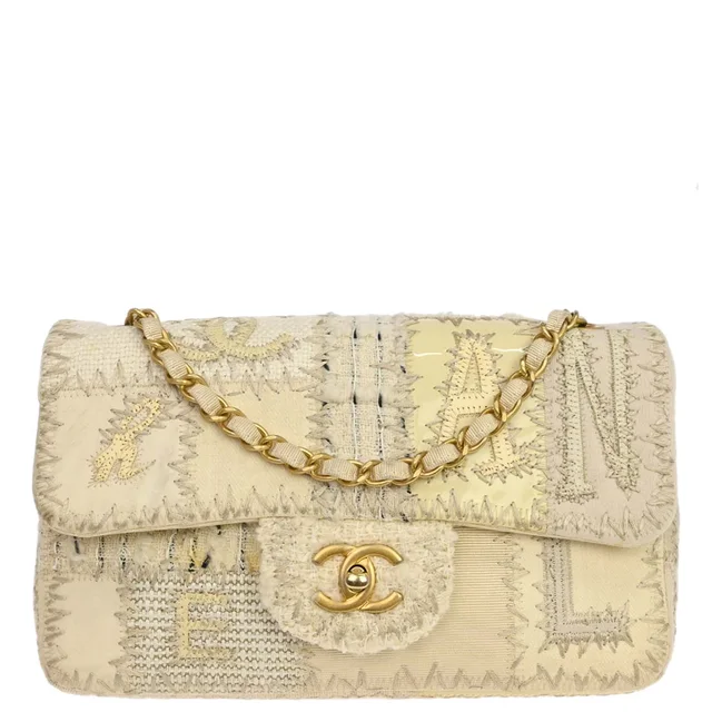 Chanel 2018 Ivory Tweed Patchwork Shoulder Bag in White Tweed from AMORE Vintage Tokyo
