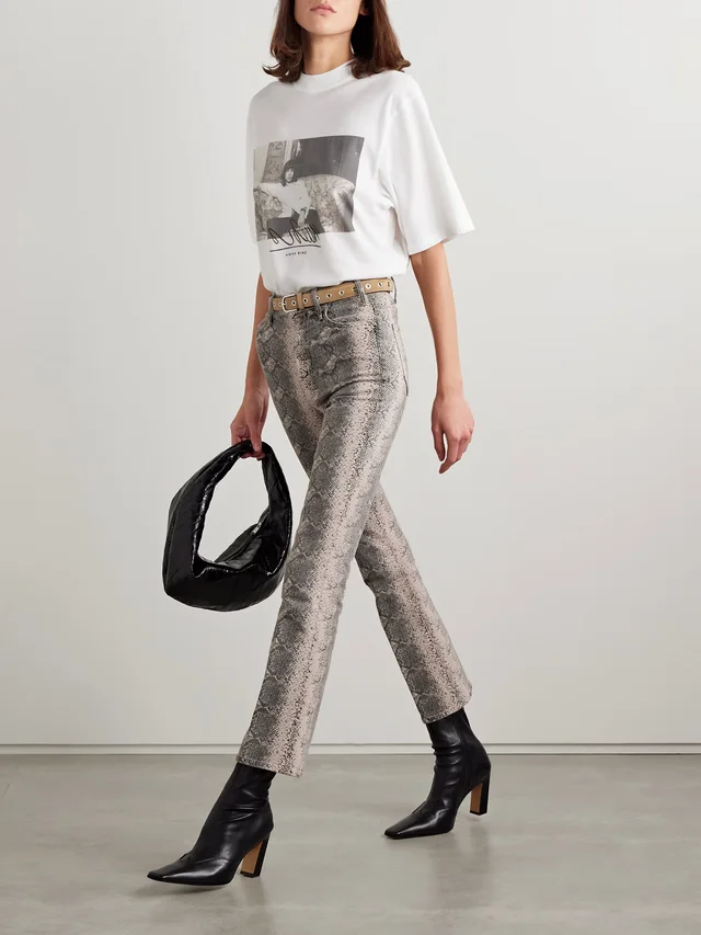 MOTHER The Hustler Flood cropped snake-print high-rise flared jeans in Beige, photo 2 of 2 from NET-A-PORTER (Canada)