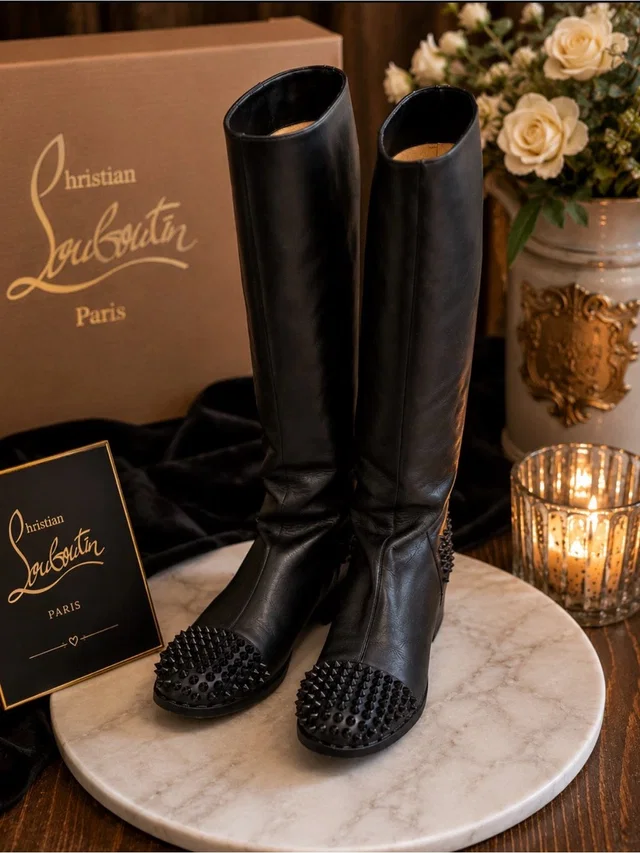 Christian Louboutin Leather Over-The-Knee Spiked Toe Boots in black Leather from Poshmark