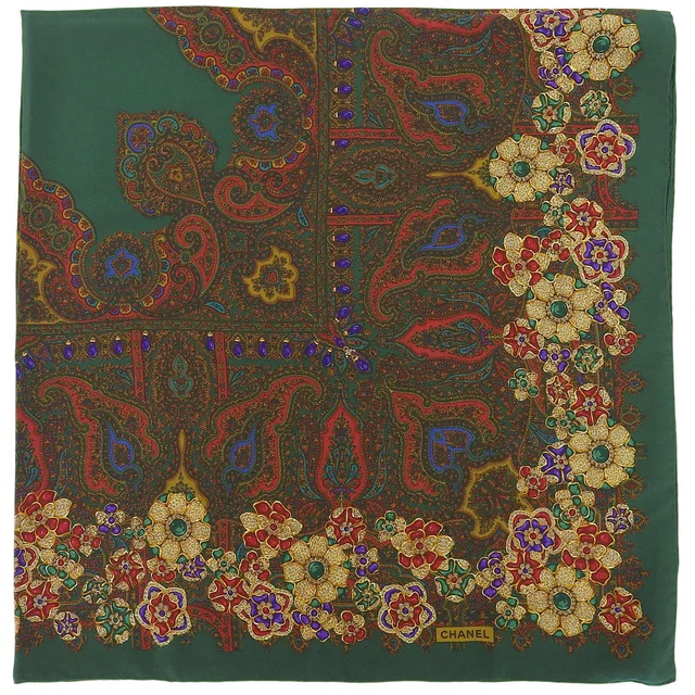 Chanel Gri Poa Paisley Pattern Scarf Green/Multicolor from VINTAGE QOO TOKYO
