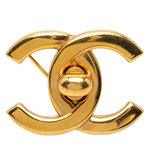 Gold Chanel CC Gold Plated Turn Lock Brooch in Gold from Designer Revival