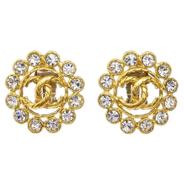Chanel 1994 Rhinestone Earrings Clip-On Gold 29 in Gold from AMORE Vintage Tokyo