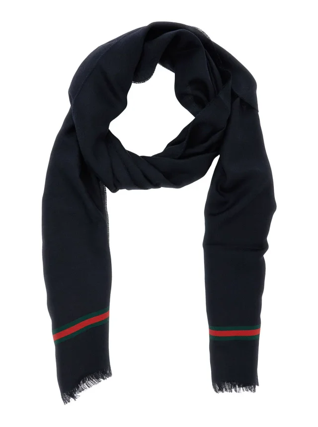 Gucci Web Stripe Gg Logo Silk Twill Scarf — Navy Scarfs in Navy Silk from HEWI, photo 2 of 3