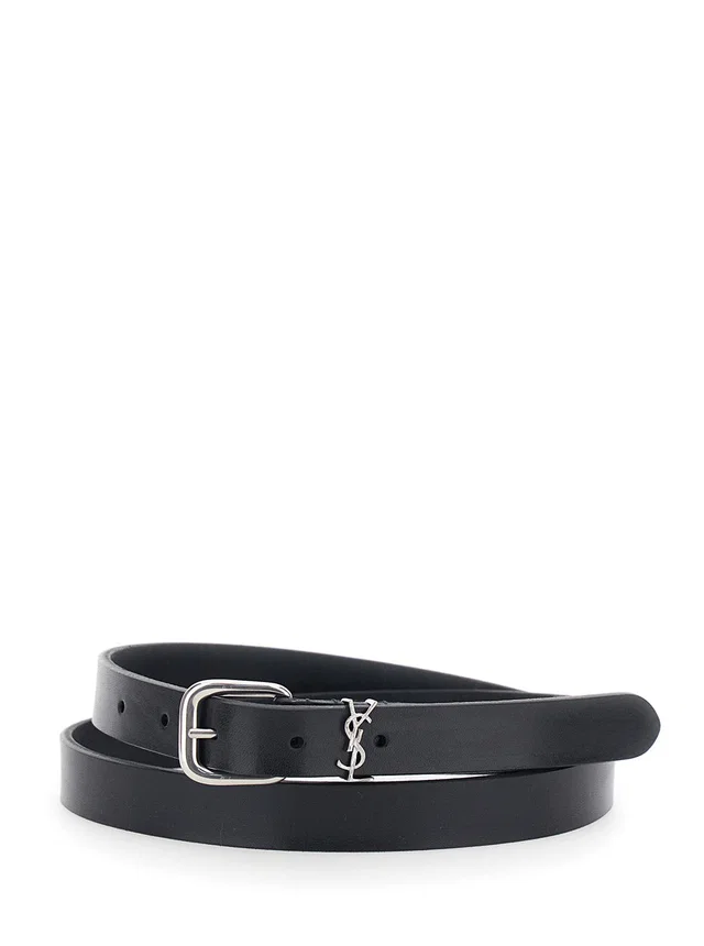 Saint Laurent Cassandre Plate Belt — Black Calf Leather in Black Calfskin from HEWI