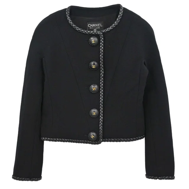 Chanel 1994 Collarless Jacket Black #38 in Black Wool from AMORE Vintage Tokyo