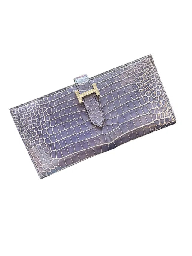 Hermès Bearn Wallet Blue Brighton Shiny Porosus FVVS Diamonds #K in Blue from Luxury Promise