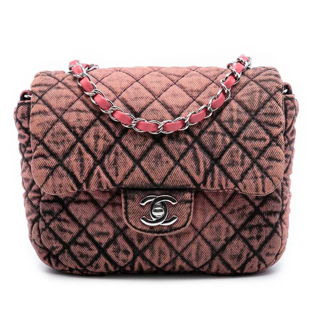 Pink Chanel Small Square CC Quilted Denimpression Single Flap Crossbody Bag in Pink Woven leather from Designer Revival