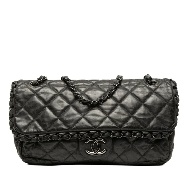 Grey Chanel Medium Quilted Metallic Aged Calfskin Chain Me Flap Shoulder Bag in Grey Calfskin from Designer Revival