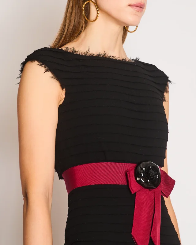 Chanel Black Wool Pleated Mini Dress with Red Sash Belt and Detachable Patent Leather Camellia Brooch… in Black Patent leather from Sellier, photo 3 of 5