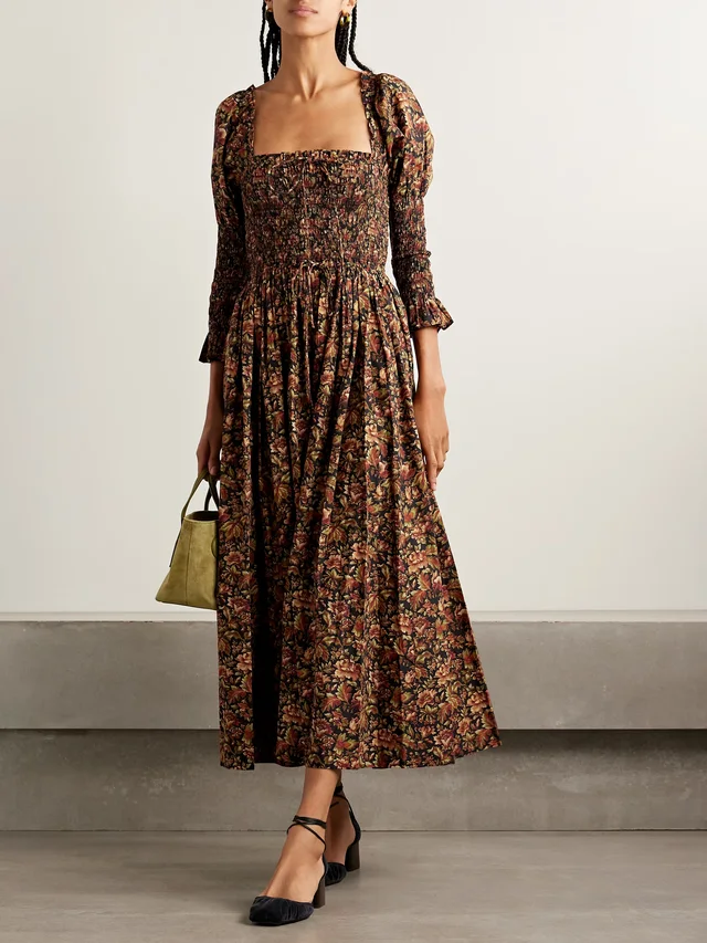 DÔEN Bijou shirred floral-print organic cotton-voile midi dress in black 100% Organic Cotton, photo 2 of 4 from NET-A-PORTER (Canada)
