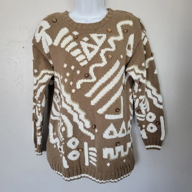 Versace Marisa Christina Collection Knitted By Hand Small Brown Knit Sweater White Bead in brown|white|red from Poshmark