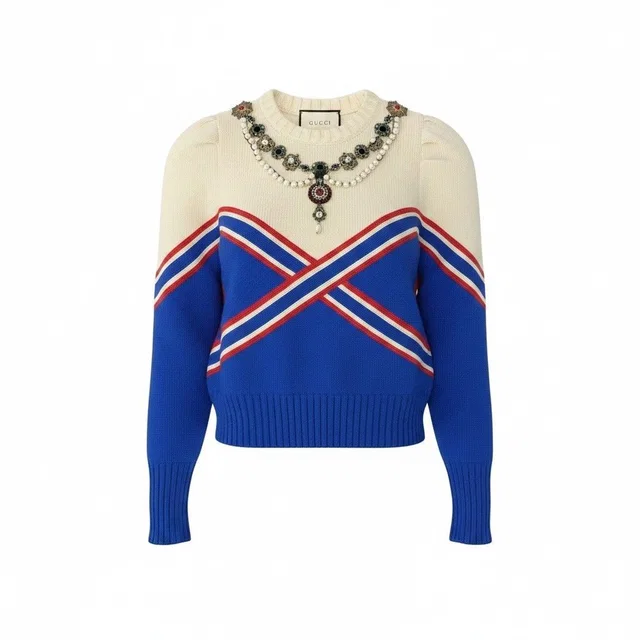 Gucci Decorative Knit Sweater Pearl Bijou Embroidery Top Multicolor Wool M in Multicolor Wool from The Reluxe