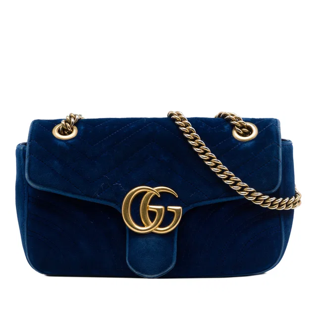 Blue Gucci Medium GG Marmont Matelasse Velvet Shoulder Bag in Blue Velvet from Designer Revival