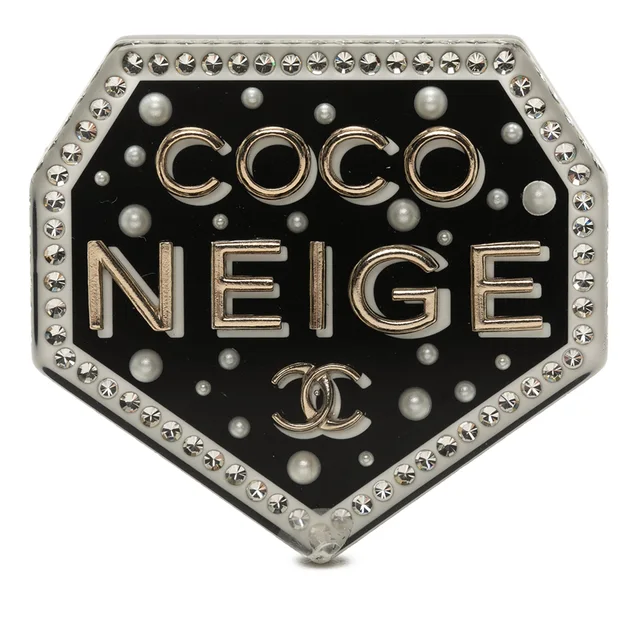 Black Chanel CC Resin Strass and Faux Pearl Coco Neige Pin Brooch in Black Resin from Designer Revival