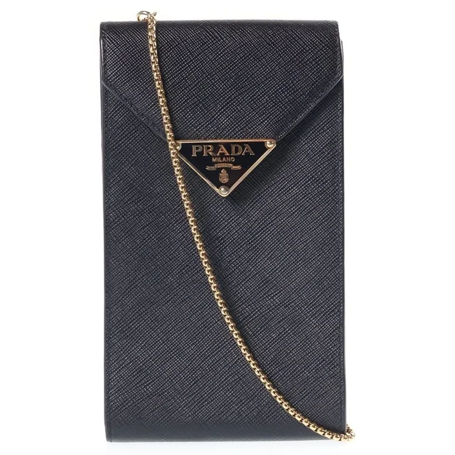 Prada Saffiano Smartphone Pouch Phone Shoulder Bag Chain Black Leather Gold in Black Saffiano leather from The Reluxe
