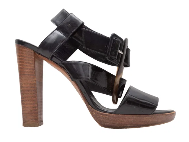 Black Hermes Patent Platform Heeled Sandals Size 37 in Black Patent leather from Designer Revival