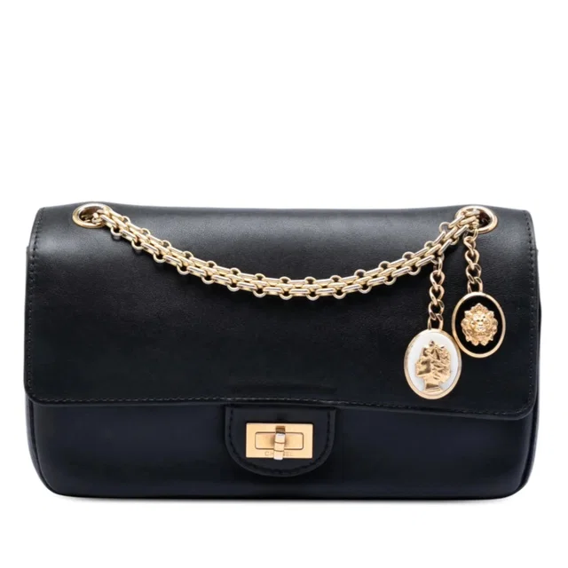 Black Chanel Calfskin Reissue 2.55 Medallion Nude Double Flap 225 Shoulder Bag in Black Calfskin from Designer Revival
