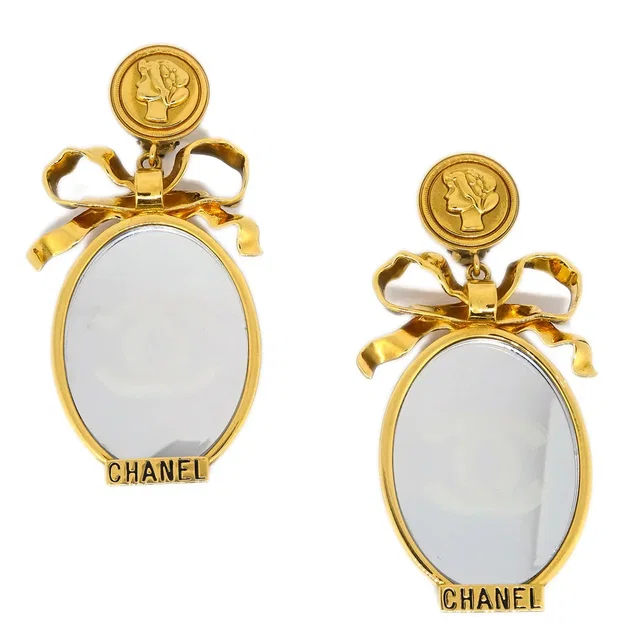 Chanel Mirror Earrings Clip-On Gold in Gold from AMORE Vintage Tokyo