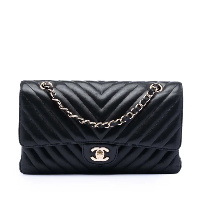 Black Chanel Medium Classic Chevron Lambskin Double Flap Shoulder Bag in Black Lambskin from Designer Revival