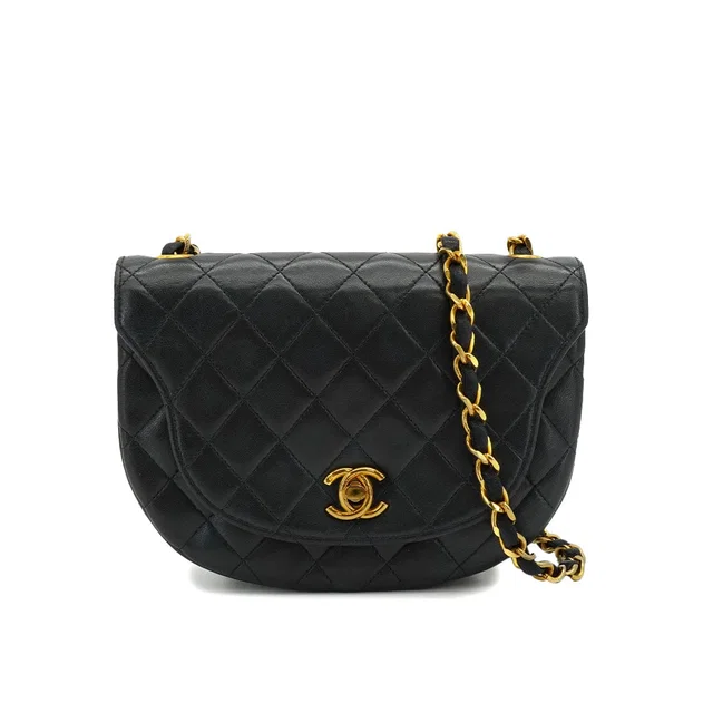 Chanel Vintage Matelasse Chain Shoulder Bag Black Lamb Skin Gold Hardware in Black from Luxury Promise