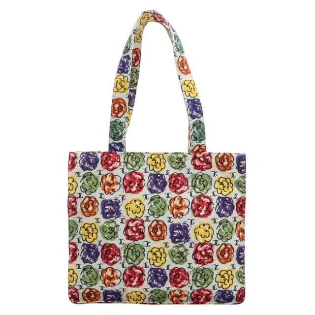 Chanel Circa 1998 Nylon Camellia CC Mark Print Tote Bag White/Multi in White Nylon from VINTAGE QOO TOKYO