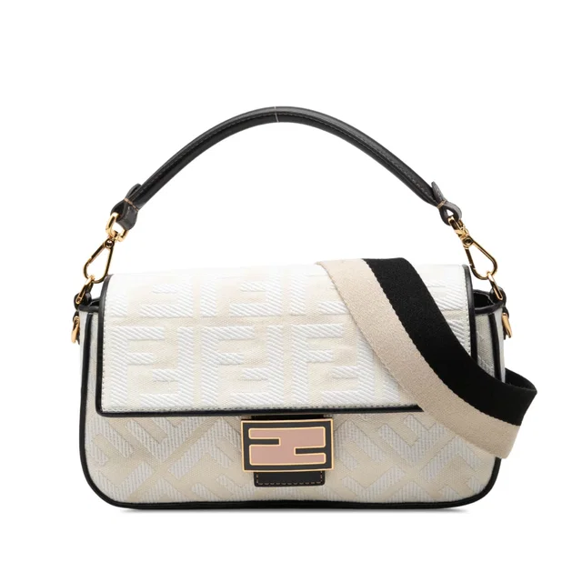 White Fendi Zucca Embroidered Canvas Baguette Satchel in White Canvas from Designer Revival