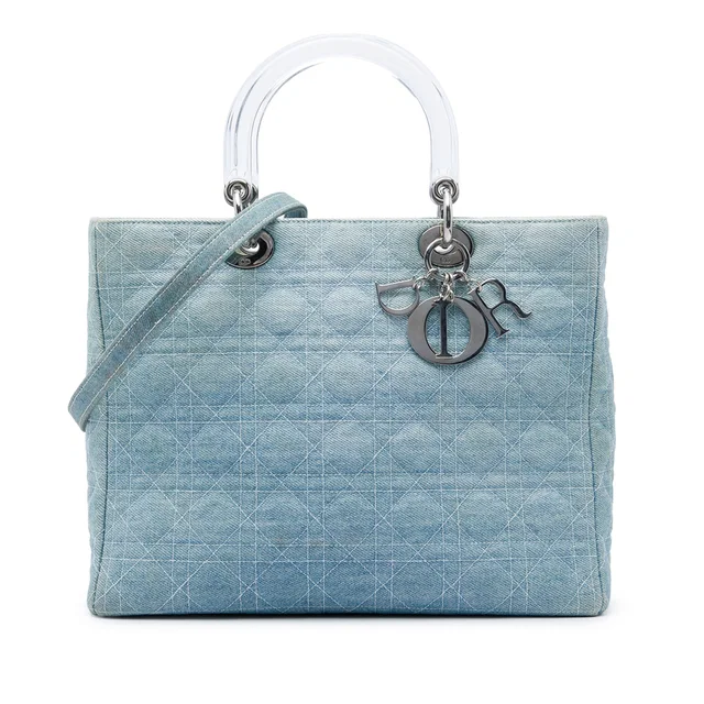 Blue Dior Large Denim Cannage Acrylic Handles Lady Dior Satchel in Blue Denim from Designer Revival