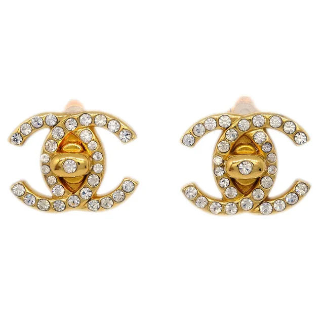 Chanel Gold CC Turnlock Earrings Rhinestone Clip-On 96A in Gold from AMORE Vintage Tokyo