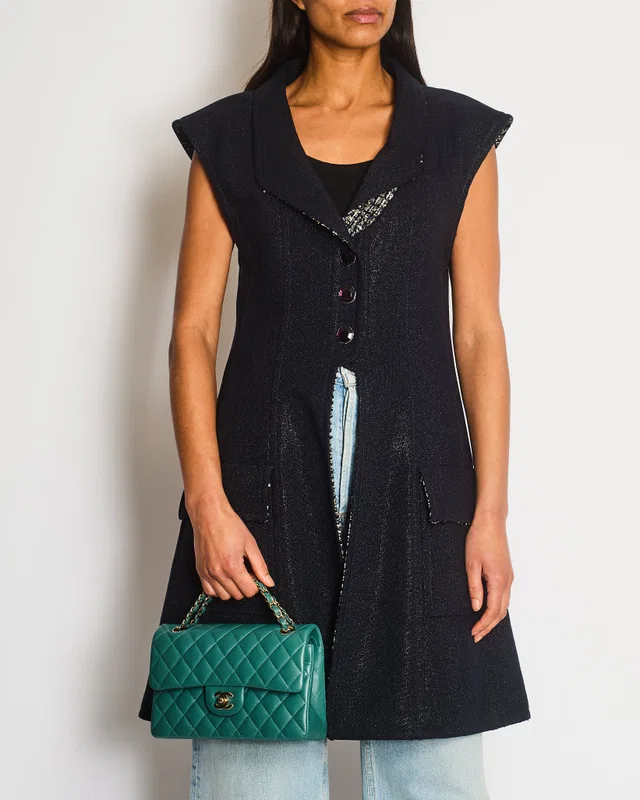 Chanel 12K Navy Sleeveless Gilet Dress with Pocket, Tweed and CC Hexagon Buttons Size FR 38 (UK 10) in Navy Tweed from Sellier