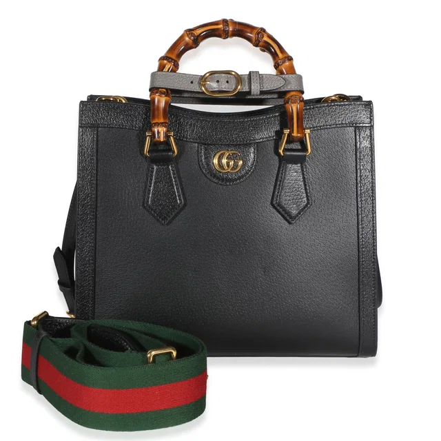 Gucci Black Textured Dollar Calfskin Web Medium Diana Tote in Black Calfskin from myGemma